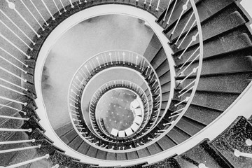 Spiral staircase in black and white.