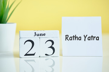 Indian holiday Ratha Yatra 23 twenty third day june Month Calendar Concept on Wooden Blocks.