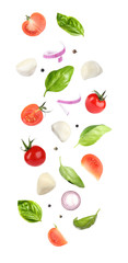 Mozzarella cheese, tomatoes, onion and basil leaves falling on white background