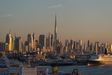 The Dubai skyline at sunset