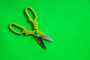 green open scissors on green colored background