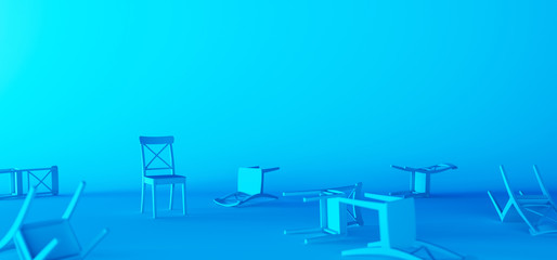 One chair stands upright and the others are overturned on a blue background 3d render 3d illustration