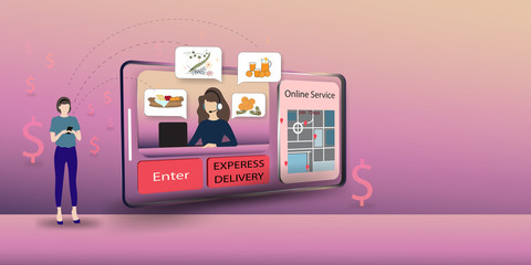 Vector illustration woman using cell phone shopping online on website, A girl ordering essential on mobile application, New normal life with Digital technology and Online delivery service concept