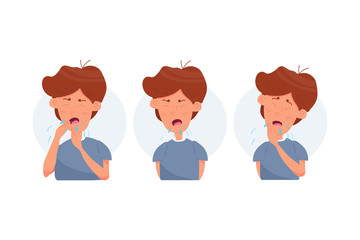 Boy kid character coughing and sneezing. Sick Kid. Season allergy. Flat cartoon vector stock Illustration isolated on white background.