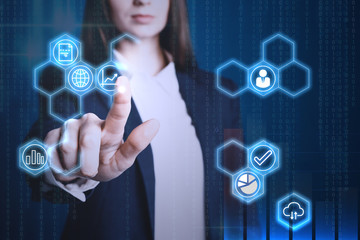 Data management system. Woman touching icon on virtual screen