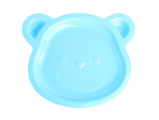 Cute animal shaped plate isolated on white, top view. Serving baby food