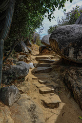 Fototapeta na wymiar A close up of a rocky path leading to the beach in Virgin Gorda, British Virgin Island
