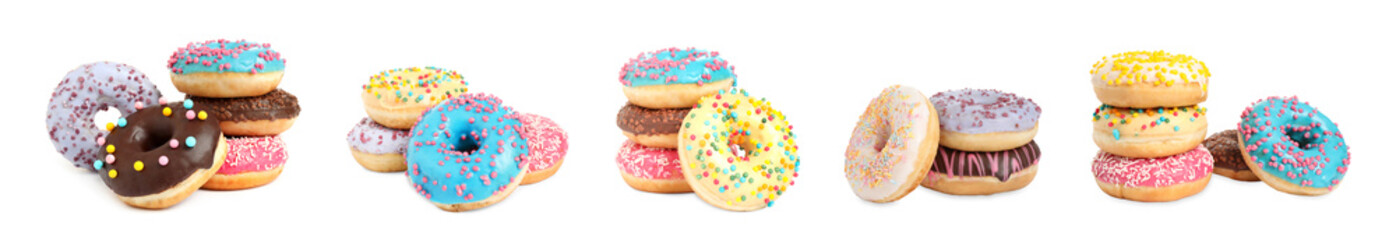 Set of different delicious donuts on white background. Banner design