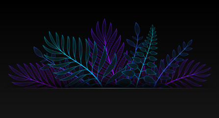 Vector illustration in neon gradient style and space for text. Black background with exotic plants and tropical leaves. Fluorescent backdrop for greeting cards, posters, banners, social media and etc.