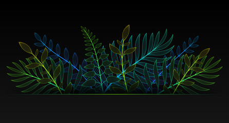 Vector illustration in neon gradient style and space for text. Black background with exotic plants and tropical leaves. Fluorescent backdrop for greeting cards, posters, banners, social media and etc.