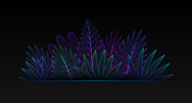 Vector neon tropical floral border; Acid gradients on black background; Elegant line graphic art; Futuristic design of frame with exotic palm leaves and plants; Minimal decor for card, poster, banner.