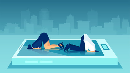 Vector of a businessman and woman hiding their heads in smartphone escaping from problems like ostrich