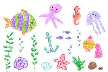 Fototapeta premium Kids drawings. Child's painting of Underwater's life