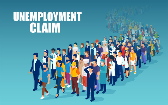 crowd of people of different occupations standing in a line to claim unemployment