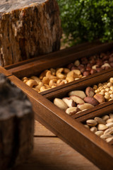 Different Nuts in a wooden box