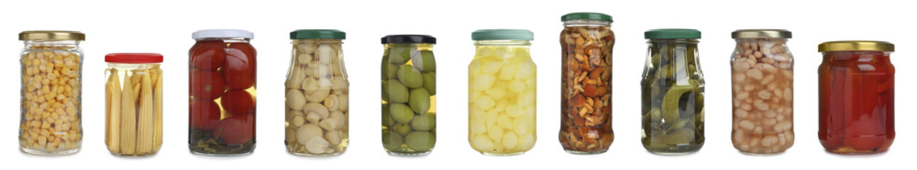 Set of different jars with pickled vegetables and mushrooms on white background. Banner design