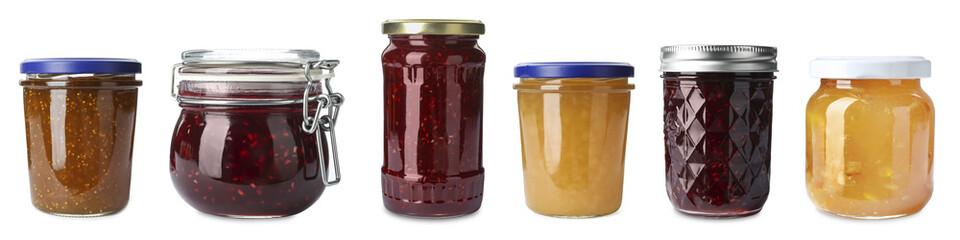 Set of different jars with jams on white background. Banner design