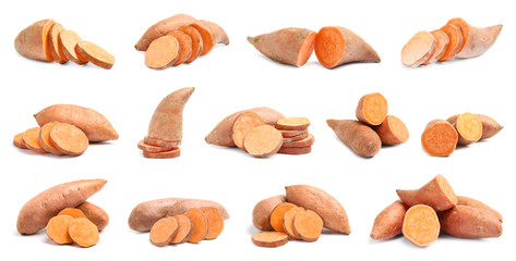 Set of cut ripe sweet potatoes on white background