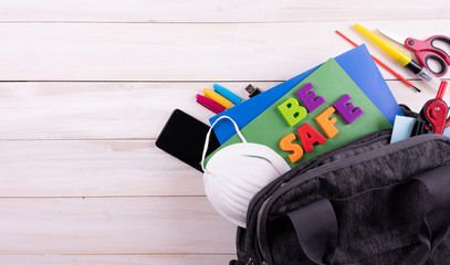 Be safe ,Health care concept. Back to school, Education, school reopening. Real life 2021. during the Corona-virus Disease Pandemic.