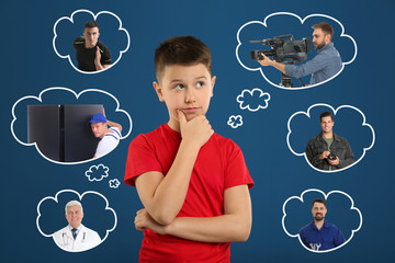 Thoughtful little boy choosing future profession on blue background