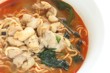 Chicken and spinach in spicy ramen noodles
