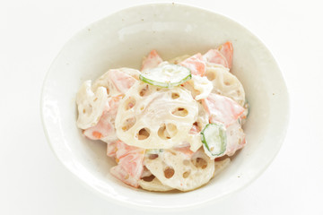 Homemade lotus root and mayonnaise salad with cucumber and carrot