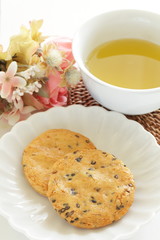 Japanese food, black sesame rice cracker on dish