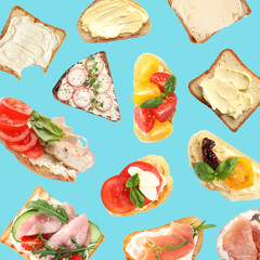Set of delicious toasted bread with different toppings on blue background, top view