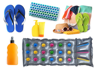 Set of different stylish beach objects on white background
