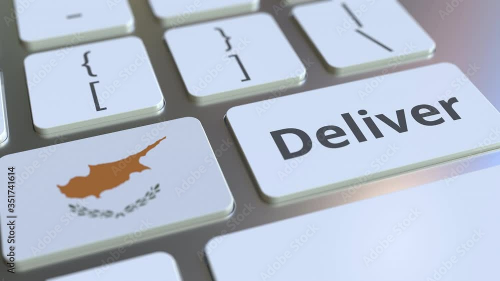 Aufkleber deliver text and flag of cyprus on the computer keyboard. logistics related 3d animation