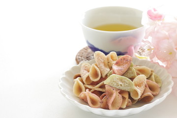 Japanese food, colorful sweet cracker on dish 