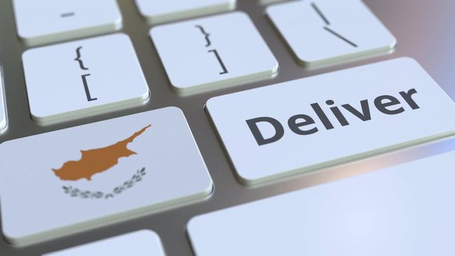 Deliver text and flag of Cyprus on the computer keyboard. Logistics related 3D animation