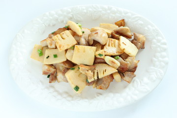 Chicken and bamboo shoots stir fried with copy space 