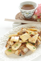 Chicken and bamboo shoots stir fried with copy space 