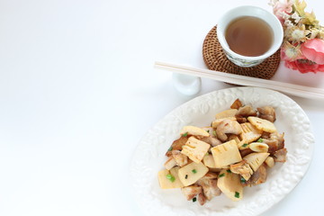 Chicken and bamboo shoots stir fried with copy space 