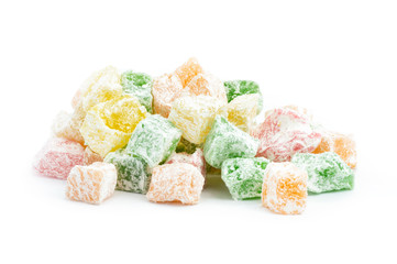 Turkish delight isolated on white background, traditional fruity flavored turkish sweet food