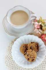 Chocolate chips on white dish with copy space