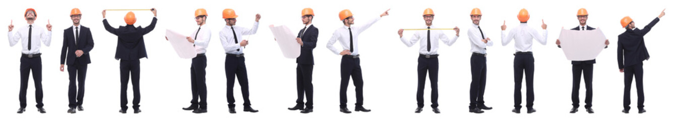 panoramic photo collage of confident architect isolated on white