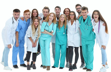 top view. a group of smiling doctors pointing at you.