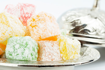 Turkish delight isolated on white background, traditional fruity flavored turkish sweet food
