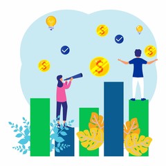 Creative vector illustration of business graphics, 2 young business people involved in construction with column graphics, career growth towards success, flat color icons, business analysis.