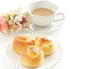 Garlic bread on white dish with copy space