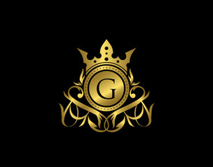Luxury Boutique G Letter Logo. Elegant gold floral badge design  for Royalty, Letter Stamp, Boutique,  Hotel, Heraldic, Jewelry, Wedding.