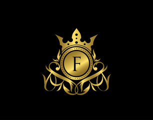 Luxury Boutique F Letter Logo. Elegant gold floral badge design  for Royalty, Letter Stamp, Boutique,  Hotel, Heraldic, Jewelry, Wedding.