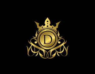 Luxury Boutique D Letter Logo. Elegant gold floral badge design  for Royalty, Letter Stamp, Boutique,  Hotel, Heraldic, Jewelry, Wedding.