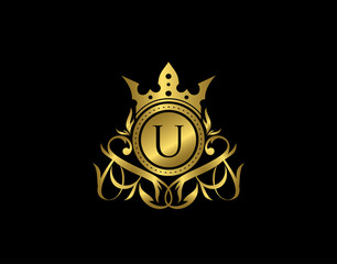Luxury Boutique U Letter Logo. Elegant gold floral badge design  for Royalty, Letter Stamp, Boutique,  Hotel, Heraldic, Jewelry, Wedding.