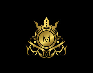 Luxury Boutique M Letter Logo. Elegant gold floral badge design  for Royalty, Letter Stamp, Boutique,  Hotel, Heraldic, Jewelry, Wedding.