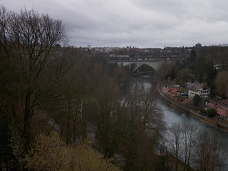 View of the Lorrainebrücke, a reinforced concrete high level bridge and the river Aare in Bern, Switzerland at dusk.