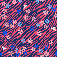 Zebra striped lines fur skin print texture seamless pattern. Animal background mixed with wildflowers. Abstract curved lines ornament. Geometric shapes. Good for textile, fabric, fashion design.