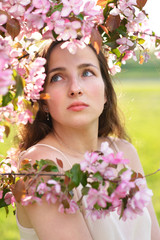 A young beautiful woman looks romantically at a pink blooming branch of an Apple tree